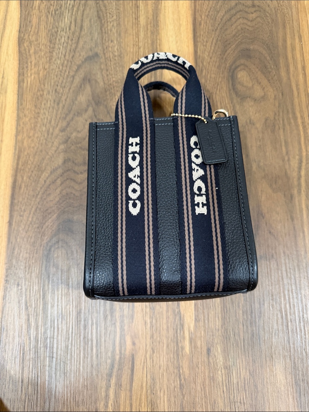 Coach Black Mini Tote with Navy & Tan Striped Logo Strap